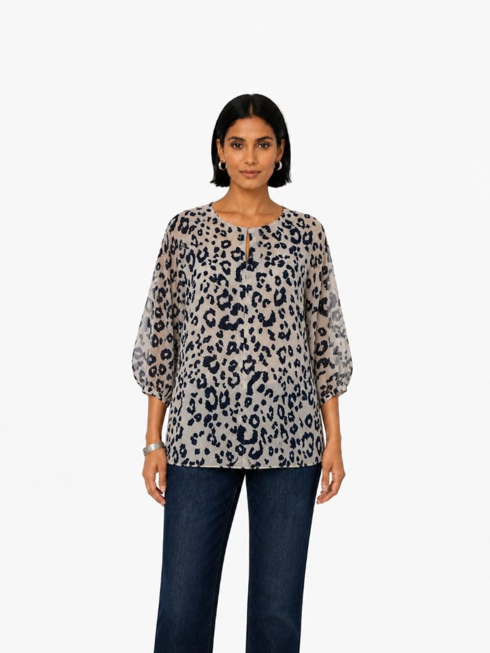 T Tahari Cheetah Print Sheer Kimono Sleeve Blouse Beige Size M